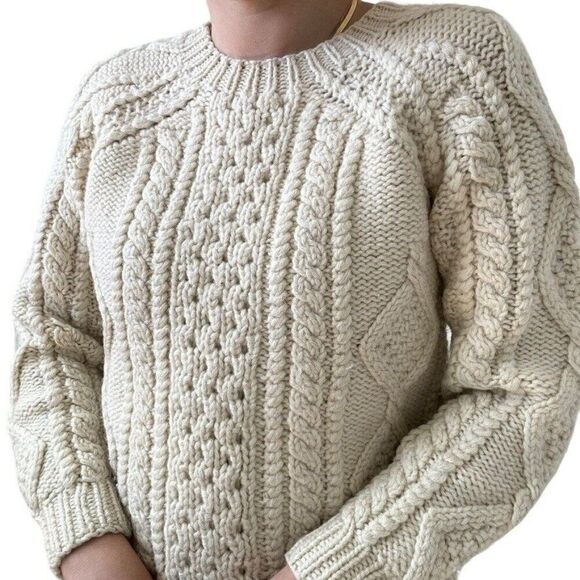 Vintage 1990s Esprit White 100% Wool Cable Knit Chunky Fisherman Sweater Sz S - Picture 5 of 7